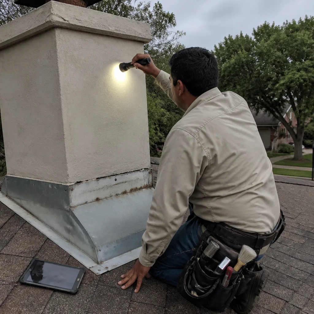 Professional chimney technician inspecting a residential chimney exterior on a roof