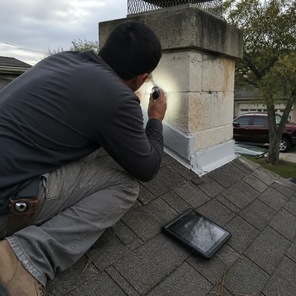 Professional technician performing a detailed chimney inspection on a residential roof