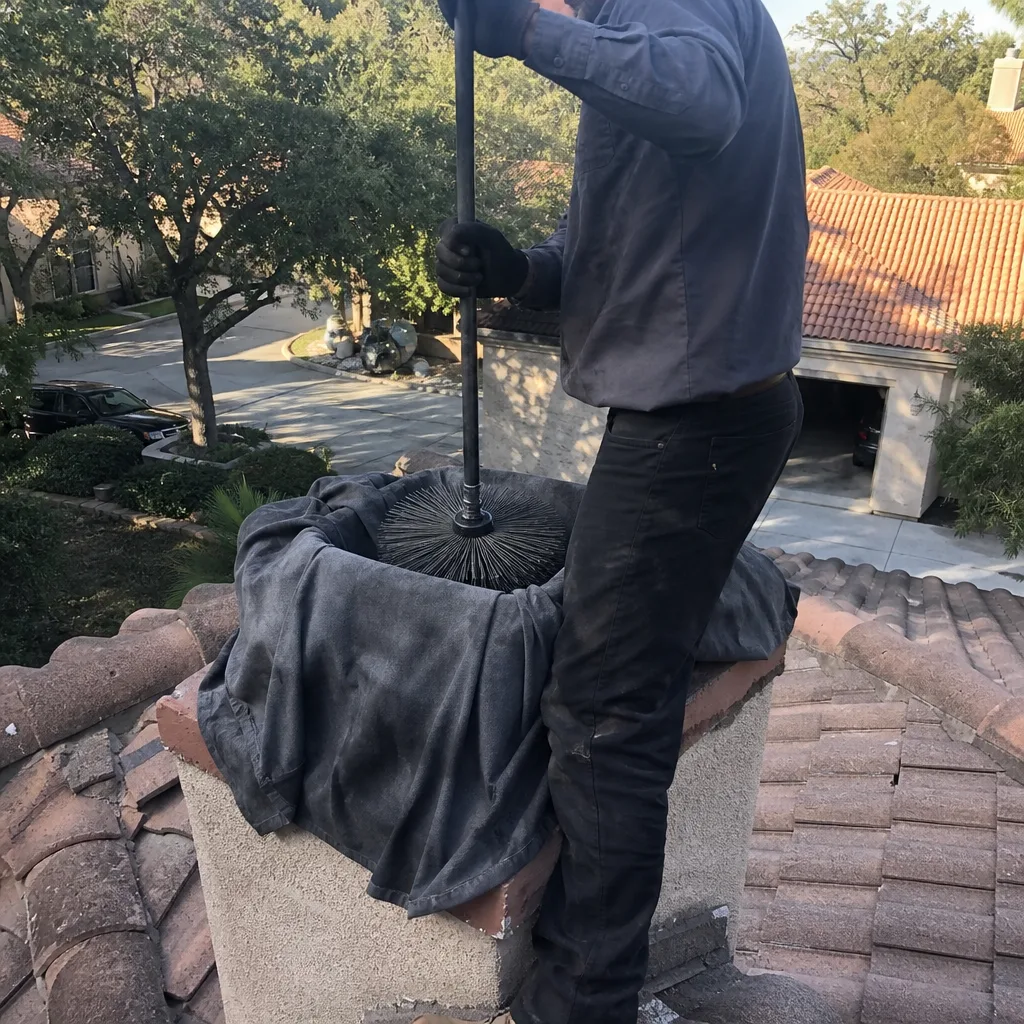 Professional chimney sweep cleaning a fireplace flue from the roof.