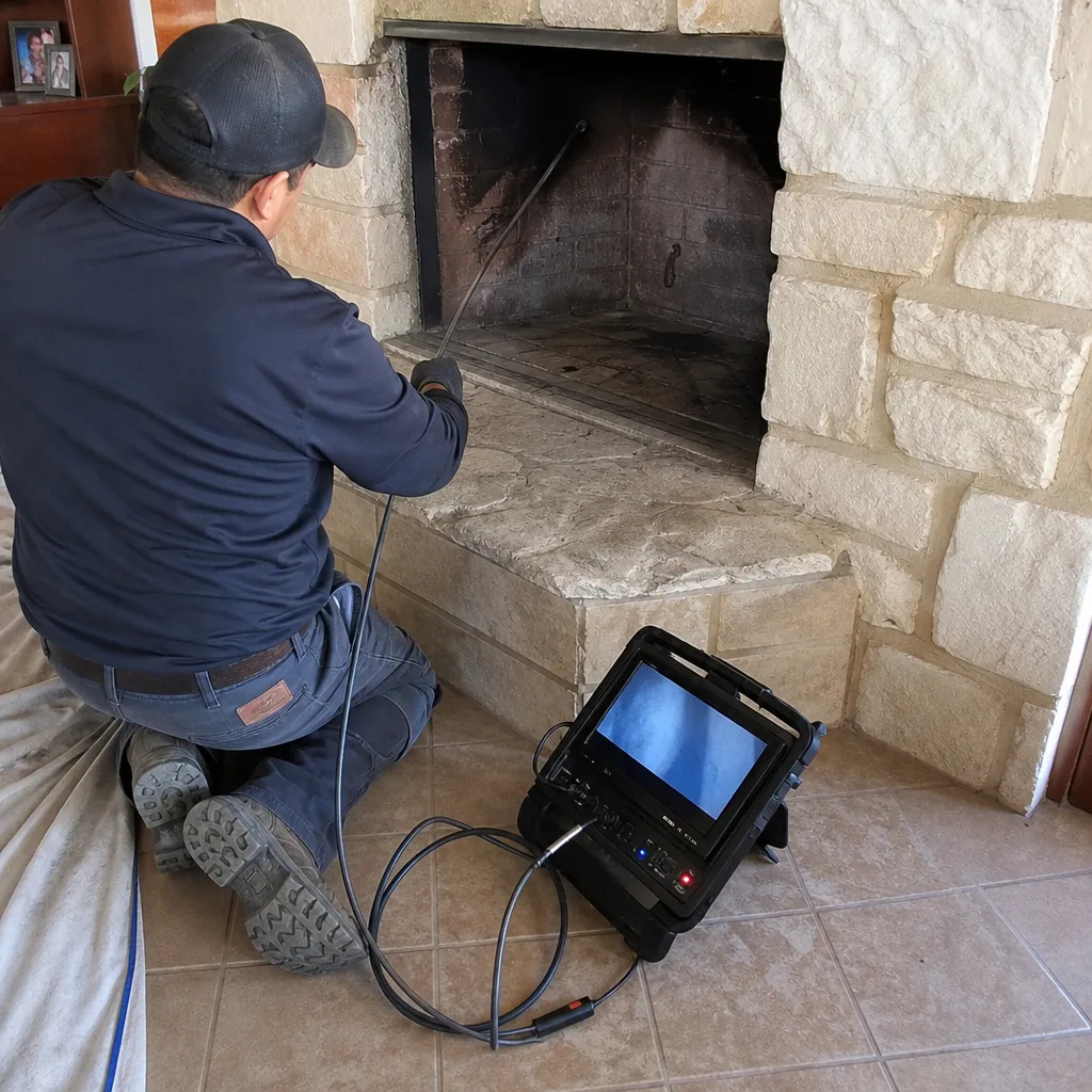 Technician using a video inspection camera to examine a stone fireplace