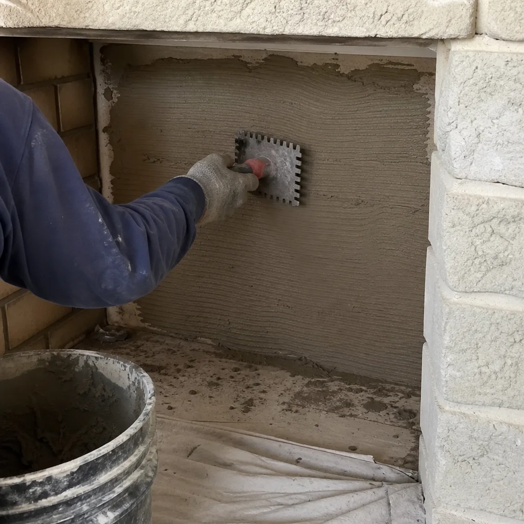 Professional contractor performing masonry fireplace repair and mortar application