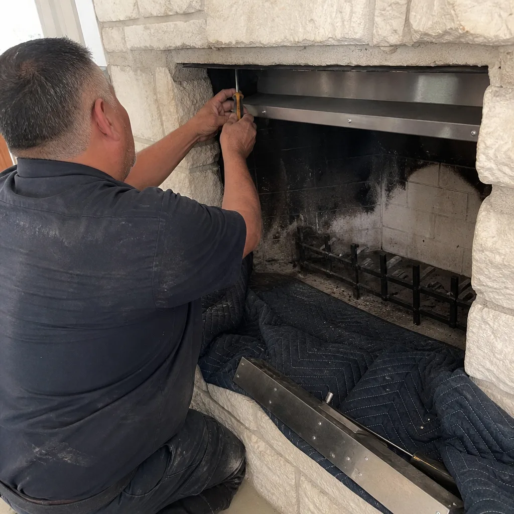 Technician performing professional fireplace repair and maintenance